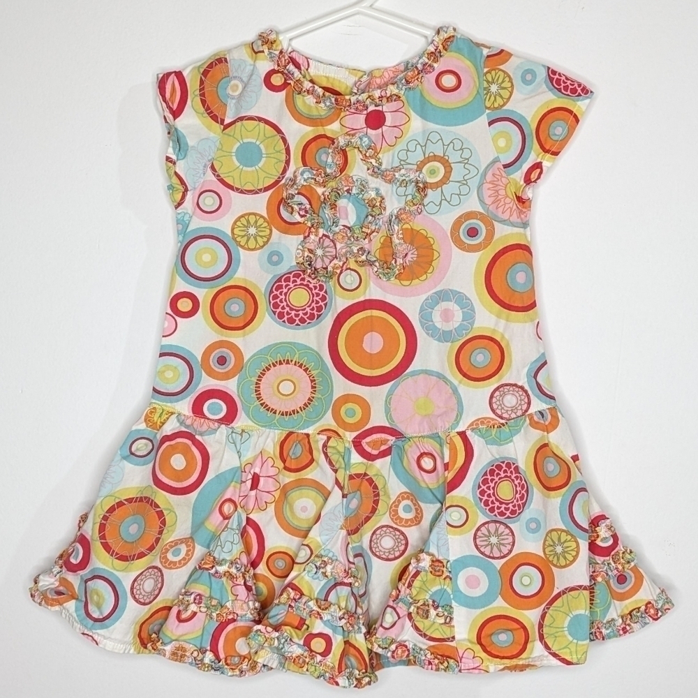 ✨3/$15 Deux Par Deux orange blue red colorful circle dress 2